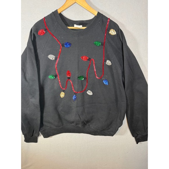 Lee Tops - Vintage Lee Christmas Lights Sequin Beaded Sweatshirt Black 2XLT Made in USA